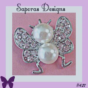 Silver Tone Butterfly Design Brooch With Clear Crystals & White Faux Pearls
